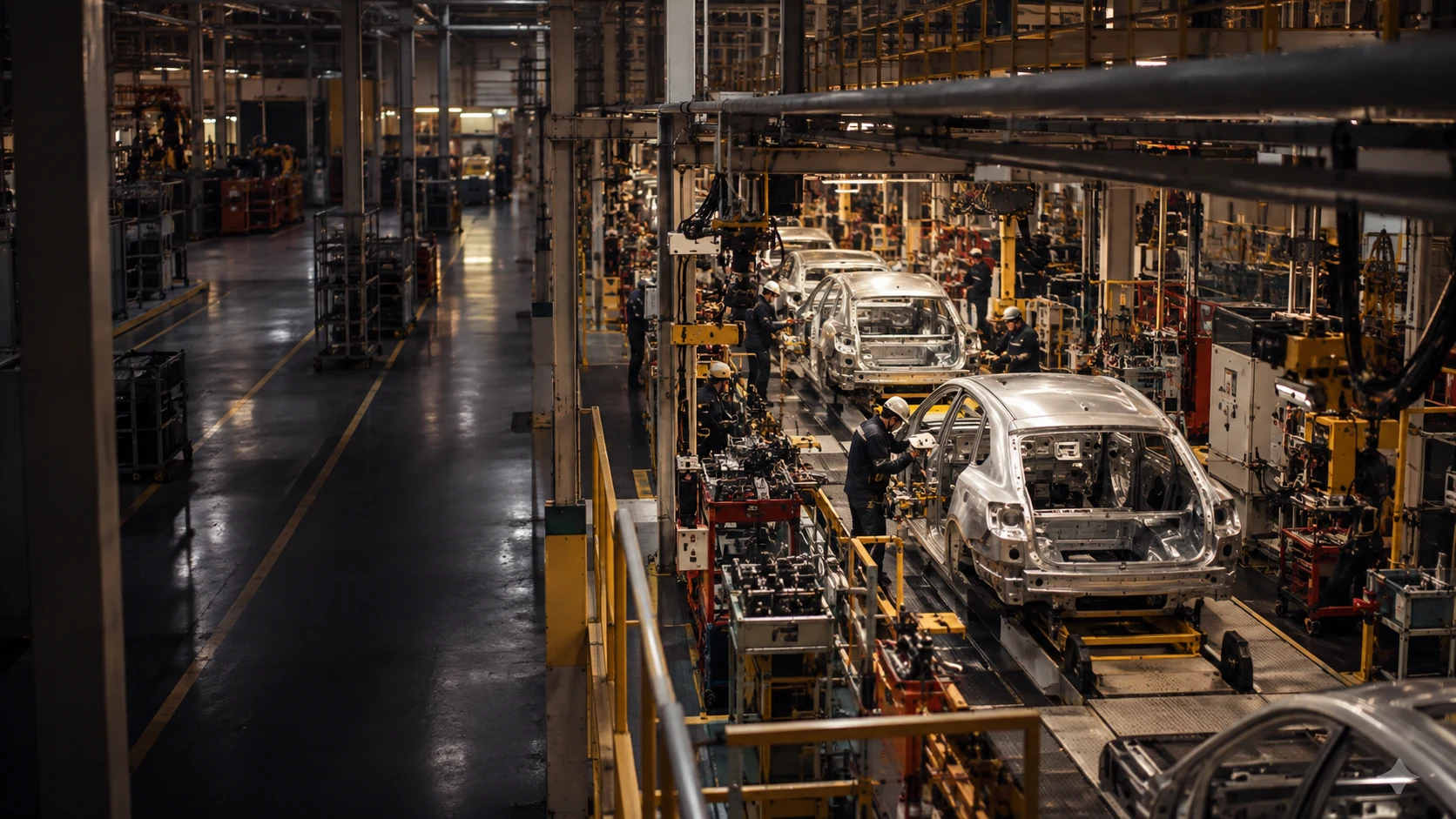 Automotive assembly line with silver vehicle bodies; AI-generated concept